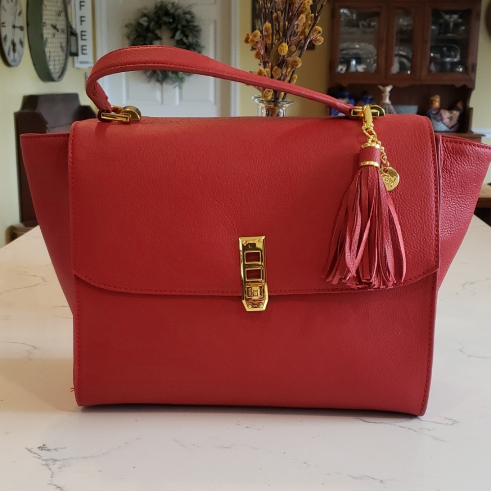 Red saffiano leather satchel